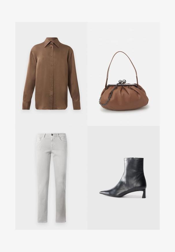 Cămașă lungă cu mânecă, de culoare maro, cu guler și manșete ascuțite, prezentată pe un fundal alb simplu.; Blugi din denim gri deschis, cu un design drept pe picioare, talie standard, un buzunar frontal cu un buton ascuns și detalii minime de cusătură.; Cizmă de gleznă din piele neagră cu vârf ascuțit și un design elegant. Dispune de un toc mic și de o închidere cu fermoar la spate. Textură netedă.; Geantă de mână din piele maro, cu un design plisat, un mânere scurt din piele și o curea din lanț. Are un închizător din metal argintiu cu două accente rotunde.