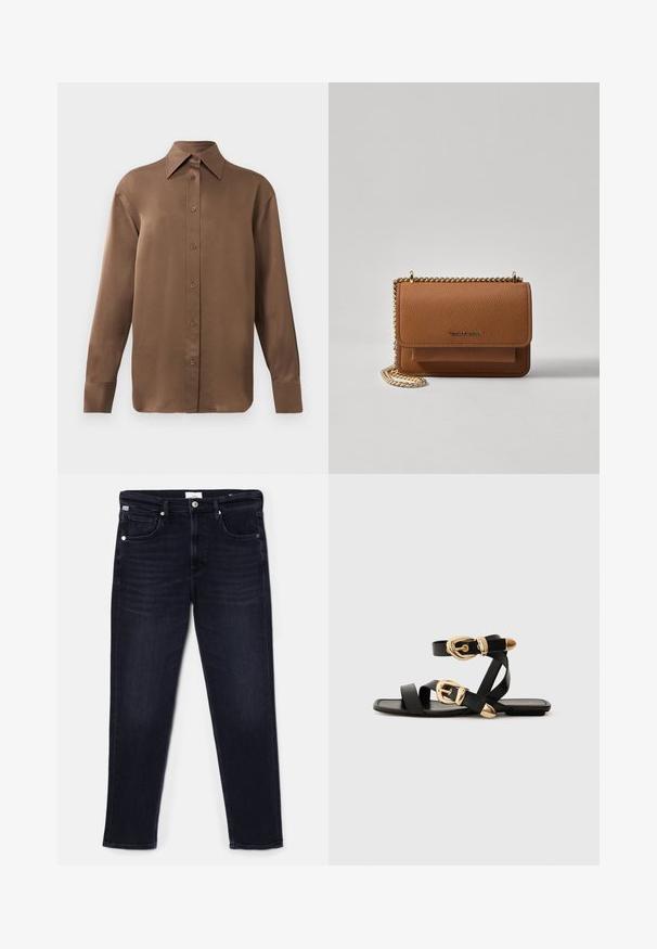 Rjav dolg rokav s srajco s gumbi in koničastimi ovratniki in manšetami, prikazana na enostavni beli podlagi.; Temno modri džins hlače s ravnim krojem, petimi žepi in kovinskim okovjem na pasu in žepih. Gladka tekstura.; Črne usnjene sandale z zlatimi zaponkami, ki imajo več trakov in ravno podplati za nošenje brez prstov.; Rjava teksturirana usnjena torba čez ramo z zlatim verižnim trakom in zapiranjem na pokrov. Spredaj je vidna podrobnost logotipa in žep pod pokrovom.