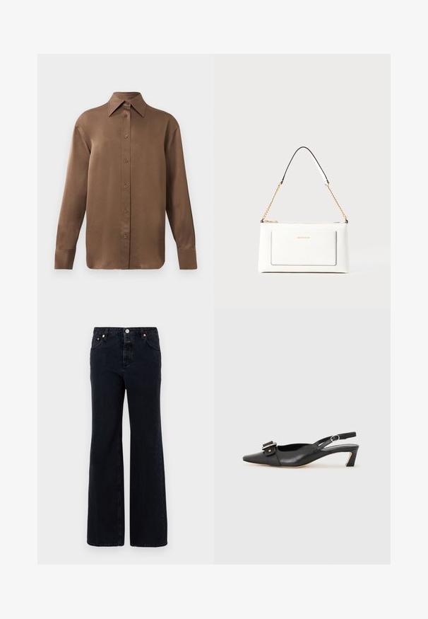 Camisa branca de mangas longas com botões e colarinho pontudo, exibida contra um fundo branco liso.; Jeans de ganga pretos com um design de perna larga, apresentando um fecho de botão, cinco bolsos e detalhes de costura discretos.; Sandal com correia preta em pele, com bico fino, pequeno salto e detalhe de fivela decorativa na parte superior. Textura suave, design minimalista.; Bolsa de mão branca em couro com acabamento texturizado, featuring a corrente dourada e detalhes pretos. Inclui um bolso frontal e fecho com zipper.