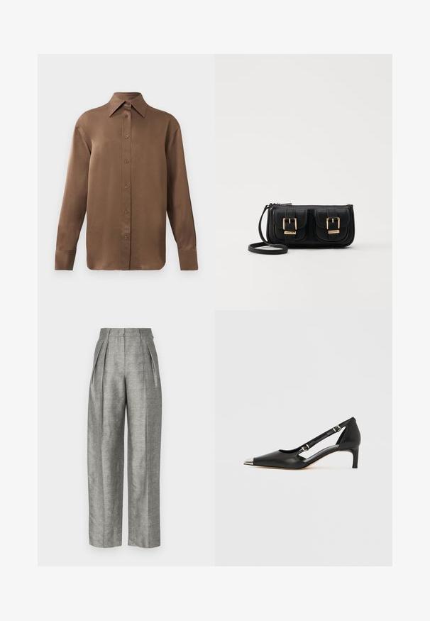 Brūns garās piedurknes pogājamais krekls ar norādītu apkakli un aprocēm, izlikts pret vienkāršu baltu fonu.; Pelēkas augstās izgriezuma bikses ar krokām, izgatavotas no teksturēta auduma ar smalku pārbaudes rakstu. Platu kāju dizains ar sānu kabatām.; Melns ādas kurpju pāris ar zemu papēdi, smailu sudraba purngali un diviem sprādzēm uz balta fona.; Melnas ādas crossbody soma ar divām priekšējām kabatām, zelta sprādzēm, ar rāvējslēdzēju aizdari un šauru siksnu. Strukturēta virsma un kompakta taisnstūra forma.