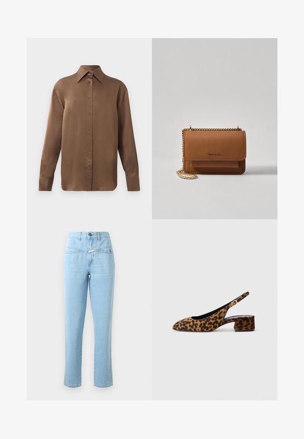 Pruun pikkade varrukatega nööbitav särk terava krae ja mansettidega, esitatud lihtsa valge tausta ees.; Kõrge vöökohaga helesinised denim teksad, millel on eestaskud, nööp ja lukuga sulgemine ning sirge lõikega sääred.; Naiste leopardimustriga slingback-kingad madala blokkninahaga ja kuldse klambriga külgjah. Kujutatud külgprofiilis lihtsal taustal.; Pruun tekstureeritud nahk ristkeha kott kuldse ahelaga rihmaga ja klapiga sulgemine. Esiküljel on logo detail ja tasku klapi all.
