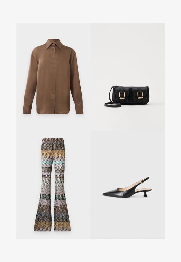 Camisa branca de mangas longas com botões e colarinho pontudo, exibida contra um fundo branco liso.; Calças de malha largas com riscas horizontais multicoloridas em tons terrosos, incluindo mostarda, azul-petróleo, castanho, preto, rosa e cinza.; Sandal de salto kitten em couro preto com bico pontudo e fivela dourada na correia lateral, em fundo branco.; Bolsa de ombro em couro preto com dois bolsos frontais, fivelas douradas, fecho de zíper e uma alça fina. Superfície texturizada e forma retangular compacta.