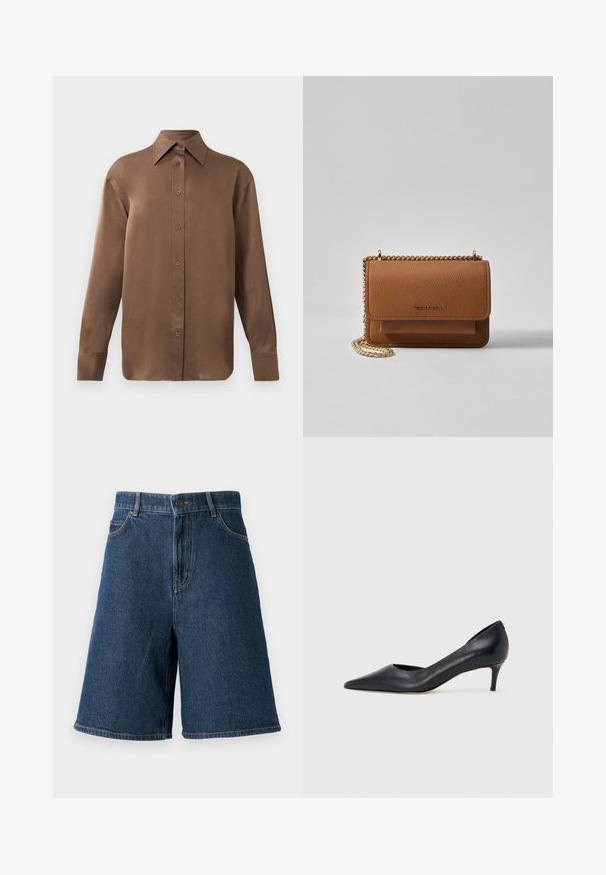Brun långärmad skjorta med knäppning, spettdetalj på kragen och manschetterna, uppvisad mot en vit bakgrund.; Mörkblå denimshorts med hög midja, fem fickor och rak passform. Har synlig sömnad och en framfälld knäppning.; Svart läderpumps med spetsig tå och låg klack. Har en slät textur och subtil glans. Öppet utskuret fram för extra detalj.; Brun texturerad läder crossbody-väska med guldkedja och klaffstängning. Framsidan har logotypdetalj och en ficka under klaffen.