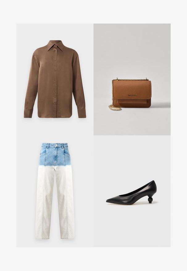 Kahvi pitkähihainen napitettava paita, jossa on terävä kaulus ja hihansuut, esillä yksinkertaisen valkoisen taustan edessä.; Denim farkut, joissa on sininen yläosa, joka haalistuu valkoiseksi. Korkea vyötärö, suora lahje ja näkyvät ompeluyksityiskohdat.; Musta nahkakengät korkealla korolla, joissa on terävä kärki ja pyöreä, pallomainen korko. Sileä pinta ja tyylikäs, minimalistinen muotoilu.; Ruskean teksturoidun nahkasta valmistettu crossbody-laukku, jossa on kultaketjuhihna ja läppäkiinnitys. Edessä on logodetail ja tasku läppäisen alla.
