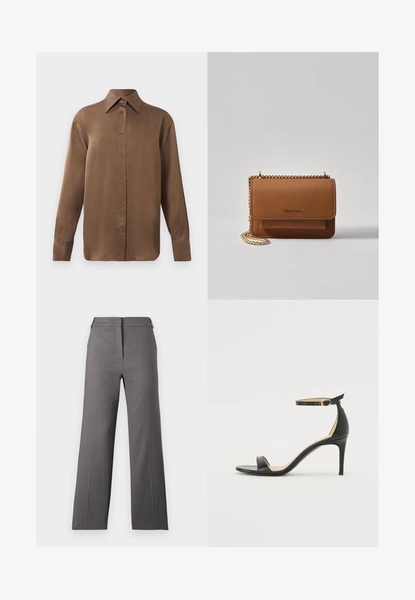 Camisa de botones de manga larga marrón con cuello y puños puntiagudos, exhibida sobre un fondo blanco liso.; Pantalones de pierna ancha en gris con una textura suave, que cuentan con un frente plano, cierre de cremallera y detalles mínimos. Diseñados para un ajuste relax.; Sándalo de tacón alto de piel negra con tiras en el tobillo. Presenta una textura suave, puntera abierta y un tacón delgado. Detalles de hebilla en tono dorado.; Bolso crossbody de cuero texturizado marrón con correa de cadena dorada y cierre de solapa. La parte frontal presenta un detalle de logo y un bolsillo debajo de la solapa.