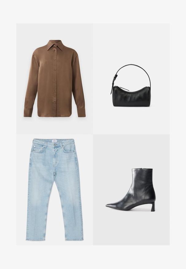 Brūns garās piedurknes pogājamais krekls ar norādītu apkakli un aprocēm, izlikts pret vienkāršu baltu fonu.; Gai zili džinsi ar taisnu griezumu, pieciem kabatām, pogu aizdari un nedaudz otas efektu. Šuves izšuvumi.; Melnas ādas potītes zābaki ar norādītu pirkstu un elegantu dizainu. Iezīmē zemu papēdi un rāvējslēdzēja aizdari aizmugurē. Gluda tekstūra.; Melna ādas plecu soma ar izliekumu, ar rāvējslēdzēju un šauru siksniņu. Iespējas gluda tekstūra un smalki šuvumi.