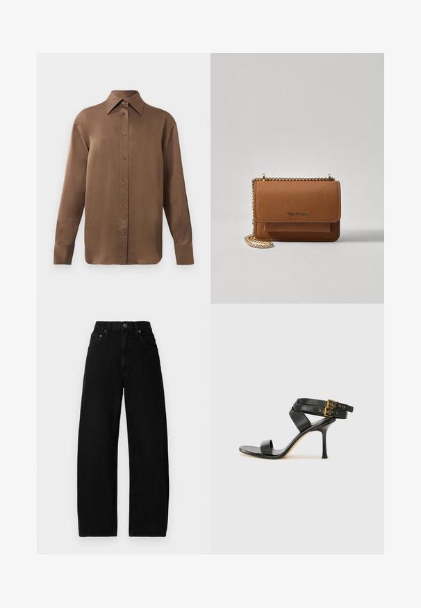Brown long-sleeve button-up shirt with pointed collar and cuffs, displayed against a plain white background.; Black denim wide-leg jeans with a high waist, featuring a front button closure, pockets, and a smooth, matte texture.; Black heeled sandal with crossed straps and adjustable buckle. Features a smooth texture and tapered stiletto heel.; Brown textured leather crossbody bag with gold chain strap and flap closure. Front features logo detail and a pocket under the flap.