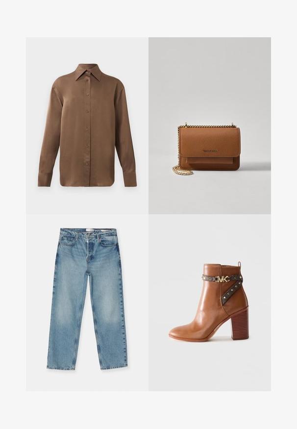 Chemise marron à manches longues avec un col et des poignets pointus, présentée sur un fond blanc uni.; Jean droit bleu clair avec une finition délavée, comportant cinq poches, des passants de ceinture et une fermeture à glissière. Matériau en denim de coton.; Botte de cheville en cuir marron avec un talon en bloc empilé, sangle latérale ornée de clous dorés et boucle en forme de "MK" dorée.; Sac en cuir texturé marron en bandoulière avec une sangle en chaîne dorée et une fermeture à rabat. L'avant présente un détail de logo et une poche sous le rabat.