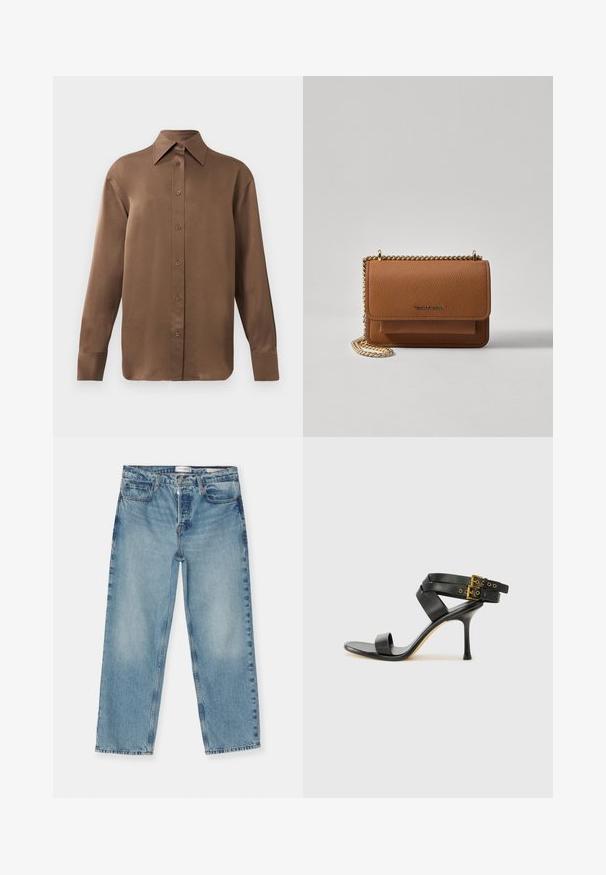 Hnědá košile s dlouhým rukávem, zapínaná na knoflíky, s špičatým límcem a manžetami, vystavená na jednobarevném bílém pozadí.; Světle modré džíny rovného střihu s vyšisovaným povrchem, obsahující pět kapes, poutka na opasek a zapínání na zip. Materiál z bavlněného denimu.; Černé sandály na podpatku s kříženými popruhy a nastavitelnou sponou. Mají hladký povrch a špičatý stiletto podpatek.; Hnědá texturovaná kožená kabelka přes rameno se zlatým řetízkovým popruhem a klopnovým uzavíráním. Přední strana obsahuje detail loga a kapsu pod klopou.
