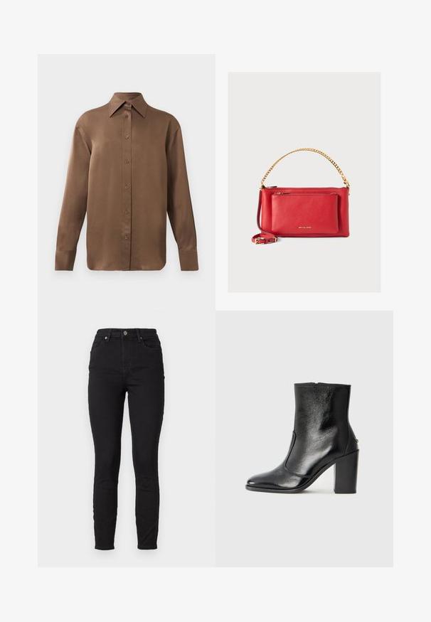 Brūns garās piedurknes pogājamais krekls ar norādītu apkakli un aprocēm, izlikts pret vienkāršu baltu fonu.; Melnas šauras džinsus ar augstu jostas vietu, ar priekšējiem kabatām, pogu aizdari un smalku šuvju detaļu uz šuvēm.; Melnas ādas potīšu zābaki ar gludu tekstūru, smailu purngalu un masīlu augstu papēdi. Iekļauts sānu atvērums un minimālistisks dizains.; Sarkans ādas rokassomu ar teksturētu apdari, zelta ķēdi un siksnu, priekšējo rāvējslēdzēja kabatu un iegrieztu logo. Kompakts un strukturēts dizains.