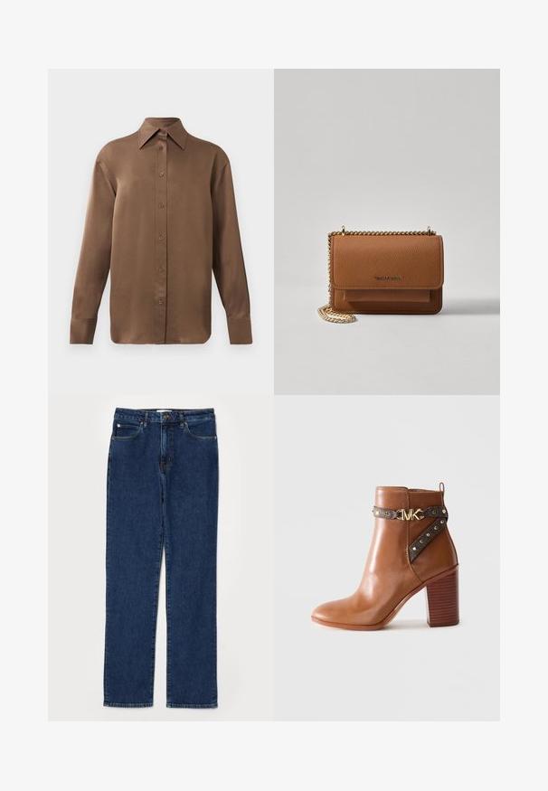 Barna, hosszúujjú, gombos ing, hegyes gallérral és mandzsettákkal, egyszerű fehér háttér előtt kiemelve.; Sötétkék farmernadrág, egyenes szárú kialakítással, öt zsebes stílusban, masszív derékkal és látható varrási részletekkel.; barna bőr boka csizma, stílusos tömbsarkal, oldalszíj arany szegecsekkel és arany "MK" logós csattal.; Barna textúrájú bőr keresztbody táska arany lánc pánttal és fedélzárral. Az elején logó részlet és egy zseb található a fedél alatt.