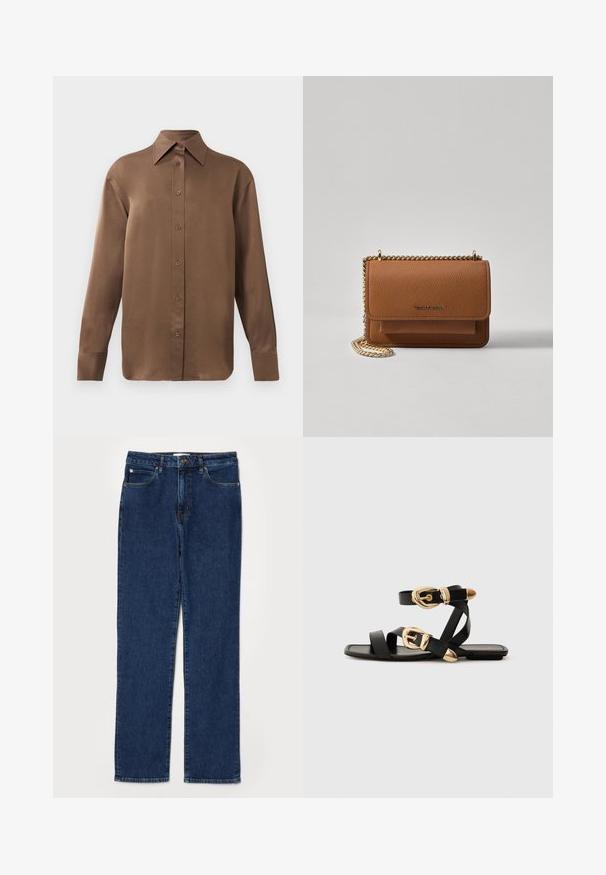 Smeđa košulja s dugim rukavima, s gumbima i šiljastim ovratnikom i manžetama, prikazana na jednostavnoj bijeloj pozadini.; Traperice u tamnoplavoj boji, ravnog kroja, s pet džepova, čvrstim pojasom i vidljivim detaljima šivanja.; Crne kožne sandale s zlatnim kopčama, s više trakica i ravnim đonom za nošenje s otvorenim prstima.; Smeđa kožna torba preko tijela s teksturom, zlatnim lančićem i preklopom na zatvaranju. Na prednjoj strani nalazi se detalj s potpisom i džep ispod preklopa.