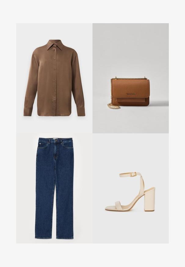 Hnědá košile s dlouhým rukávem, zapínaná na knoflíky, s špičatým límcem a manžetami, vystavená na jednobarevném bílém pozadí.; Džínové kalhoty v tmavě modré barvě, rovný střih, pět kapsových stylů, se silným pasem a viditelnými švy.; Béžová sandál s vysokým podpatkem, čtveratou špičkou, tenkým kotníkovým páskem a blokovým podpatkem. Hladká kožená textura s detaily ve zlaté barvě.; Hnědá texturovaná kožená kabelka přes rameno se zlatým řetízkovým popruhem a klopnovým uzavíráním. Přední strana obsahuje detail loga a kapsu pod klopou.