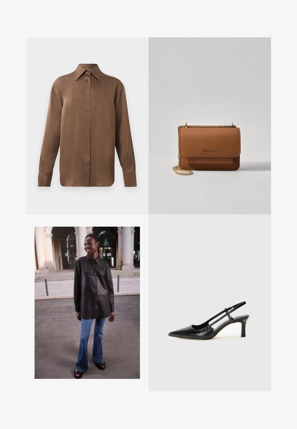 Smeđa košulja s dugim rukavima, s gumbima i šiljastim ovratnikom i manžetama, prikazana na jednostavnoj bijeloj pozadini.; Crna kožna košulja s dugmadima, ovratnim dizajnom i prednjim džeparom, u kombinaciji s proširenim plavim trapericama i crnim sandalama.; Crne lakirane slingback pete s oštrim vrhom, s teksturiranim uzorkom zmijske kože, podesivom remenom i kratkom, teksturiranom blok-petom.; Smeđa kožna torba preko tijela s teksturom, zlatnim lančićem i preklopom na zatvaranju. Na prednjoj strani nalazi se detalj s potpisom i džep ispod preklopa.