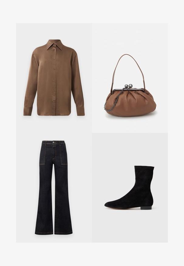 Hnedá košeľa s dlhým rukávom, so zapínaním na gombíky, s špicatým golierom a manžetami, vystavená na jednoduchom bielom pozadí.; Zúžené tmavé džínsy s vysokým pásom, s oranžovým prešívaním a dvomi prednými vreckami. Hladká textúra, čisté spracovanie, klasický dizajn.; Čierne semišové členkové topánky s priliehavým zvrškom, špicatou špičkou a nízkym blokovým opätkom. Hladká textúra a minimalistický dizajn, vhodné na všestranné kombinovanie.; Hnedá kožená kabelka so zhrnutým dizajnom, krátkym koženým uchom a reťazovým popruhom. Obsahuje strieborný kovový zapínací mechanizmus s dvoma okrúhlymi akcentami.