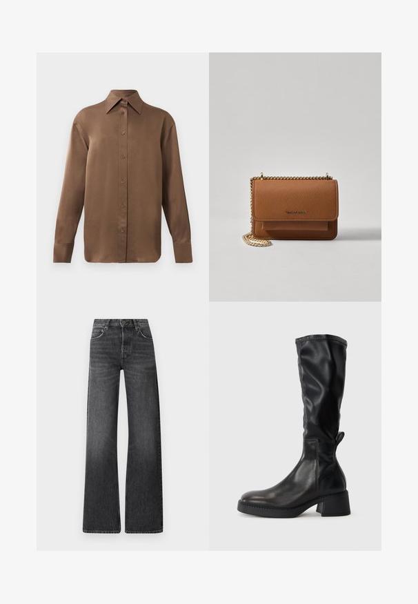 Kahvi pitkähihainen napitettava paita, jossa on terävä kaulus ja hihansuut, esillä yksinkertaisen valkoisen taustan edessä.; Musta farkkuhousut, joissa on korkea vyötärö ja leveä lahjesuunnittelu. Ominaisuuksiin kuuluu viisi taskua ja hienovarainen haalistunut pinta, jossa on kontrastiset ompeluaccentit.; Musta polvipitkä saapas, joka on valmistettu sileästä nahasta, varustettuna lohkarekorolla, pyöristetyllä varvalla ja ompeluyksityiskohdilla saumoissa.; Ruskean teksturoidun nahkasta valmistettu crossbody-laukku, jossa on kultaketjuhihna ja läppäkiinnitys. Edessä on logodetail ja tasku läppäisen alla.