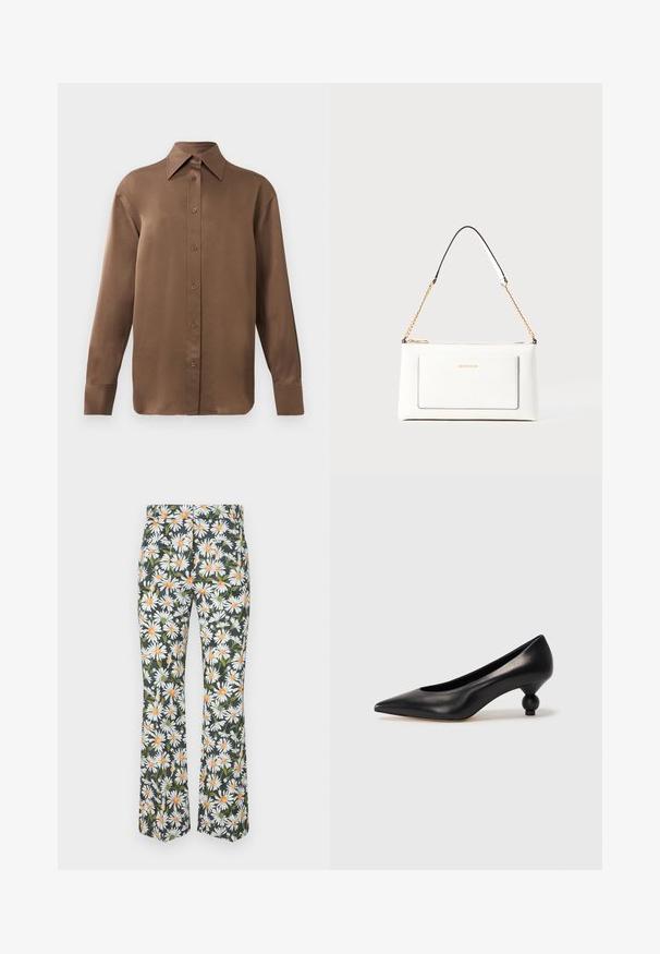 Kahvi pitkähihainen napitettava paita, jossa on terävä kaulus ja hihansuut, esillä yksinkertaisen valkoisen taustan edessä.; Vaatteet alaosa, joissa on kukkakuosi, jossa on valkoisia päivänkakkaroita oransseilla keskustoilla tummalla taustalla. Valmistettu kevyestä kankaasta.; Musta nahkakengät korkealla korolla, joissa on terävä kärki ja pyöreä, pallomainen korko. Sileä pinta ja tyylikäs, minimalistinen muotoilu.; Valkoinen nahkalaukku tekstuuripinnalla, jossa on kultaketjuolkaimet ja mustia yksityiskohtia. Mukana etutasku ja vetoketjusulku.