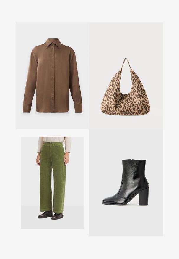 Brun langærmet skjorte med knapper, spids krave og manchetter, vist mod en simpel hvid baggrund.; Grønne fløjlsbukser med vidde ben, høj talje og forlommer. Bukserne har en enkelt knaplukning og en struktureret, ribbet overflade.; Sorte læder ankelstøvler med en glat overflade, spids tå og en chunky høj hæl. Har en sidelukning og minimalistisk design.; Leopardmønstret taske lavet af blødt materiale, med en unik trekantet form, store åbne håndtag og en glat overflade.