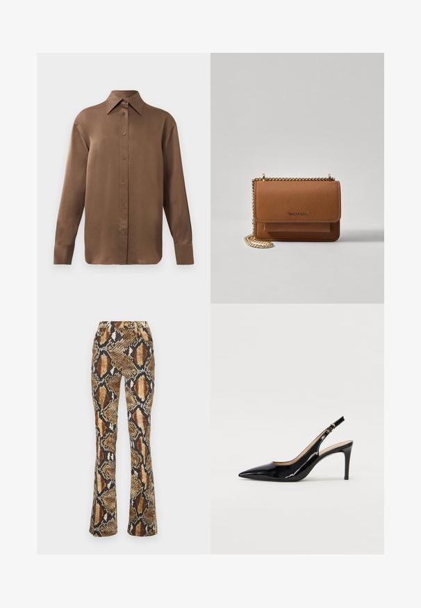 Barna, hosszúujjú, gombos ing, hegyes gallérral és mandzsettákkal, egyszerű fehér háttér előtt kiemelve.; Roberto Cavalli TROUSERS - Karcsúsított farmerek - brown; Fekete lakk bőr kötött magassarkú cipő, hegyes orral és karcsú sarokkal, finom kivágásos dizájnnal. Az övön arany csatt található.; Barna textúrájú bőr keresztbody táska arany lánc pánttal és fedélzárral. Az elején logó részlet és egy zseb található a fedél alatt.