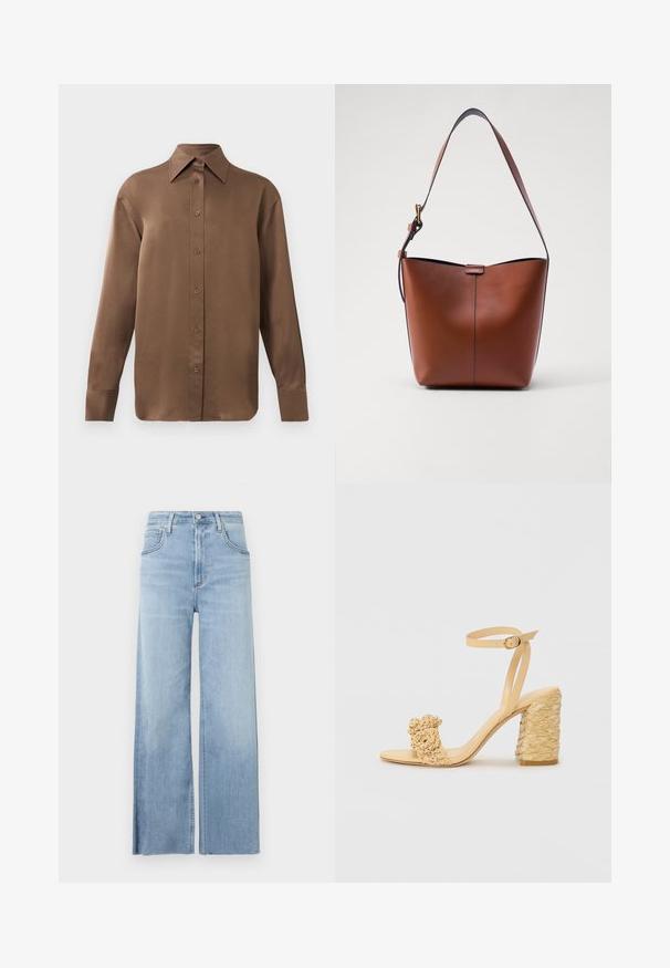 Brūns garās piedurknes pogājamais krekls ar norādītu apkakli un aprocēm, izlikts pret vienkāršu baltu fonu.; Gaiši zila vaļīgas kājas džinsi no denima. Iezīmē augstu jostasvītu, priekšējās kabatas un neapstrādāts apdare pie potītēm. Gluda tekstūra visā virsmā.; Bēšas augstpapēžu sandaļi ar pītas faktūras dizainu, kas ietver dekoratīvu ziedu un potītes siksnu. Kvadrātveida papēdis nodrošina stabilitāti.; Brūna ādas plecu soma ar izliekta formu, gludu tekstūru un vienu plānu siksnu. Iekļauj subtilu šuvumu un mazu logotipa detaļu.