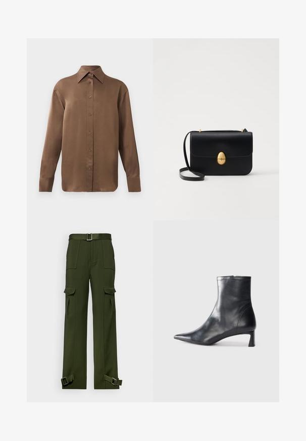 Cămașă lungă cu mânecă, de culoare maro, cu guler și manșete ascuțite, prezentată pe un fundal alb simplu.; Pantaloni cargo verzi confecționați dintr-un material durabil. Caracteristicile includ o talie cu curea, multiple buzunare mari și curele cu cataramă la glezne.; Cizmă de gleznă din piele neagră cu vârf ascuțit și un design elegant. Dispune de un toc mic și de o închidere cu fermoar la spate. Textură netedă.; Geantă de mână din piele neagră, cu o formă rectangulară structurată. Are un capac oval auriu și o curea subțire pentru umăr. Textură netedă.