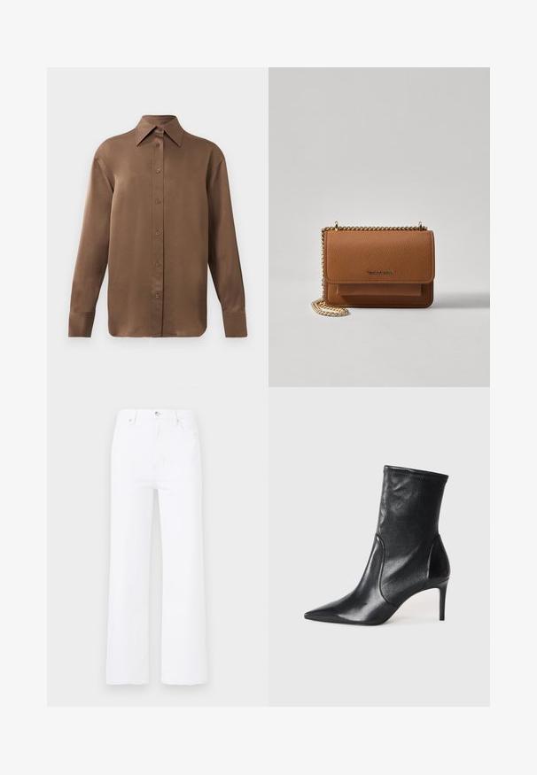Brown long-sleeve button-up shirt with pointed collar and cuffs, displayed against a plain white background.; White denim jeans with a high waist and wide-leg cut. Features front pockets, a button closure, and subtle stitching details.; Black ankle boots made of smooth leather, featuring a pointed toe, fitted shaft, and a slim high heel. Minimalist design with no visible hardware.; Brown textured leather crossbody bag with gold chain strap and flap closure. Front features logo detail and a pocket under the flap.