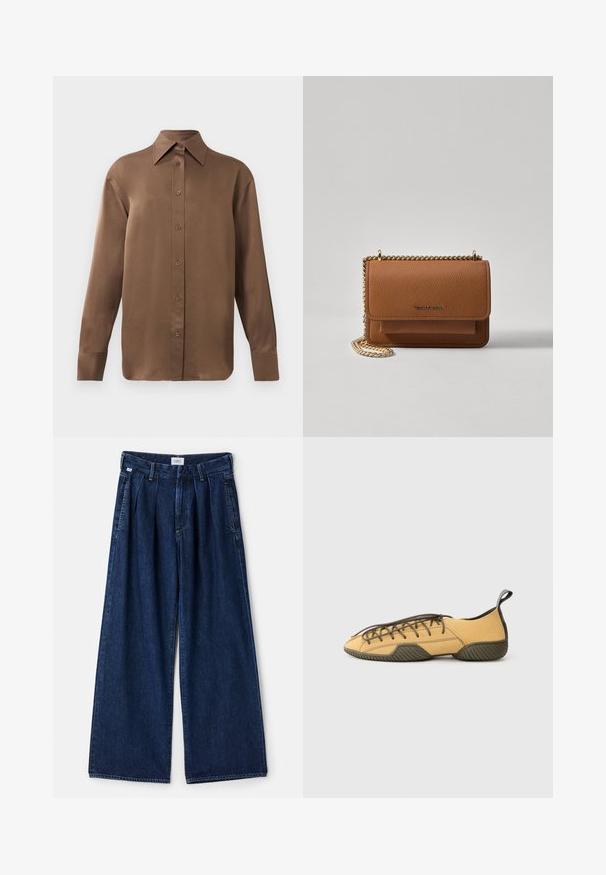 Brūns garās piedurknes pogājamais krekls ar norādītu apkakli un aprocēm, izlikts pret vienkāršu baltu fonu.; Plati kāju zili džinsi ar krokojumiem, augsta jostasvieta, priekšējām kabatām un teksturētu apdari. Audums ir biezs un izturīgs.; Dzeltenas zamšādas kurpes ar melni zaļu gumijas zoli un papēža cilpu, rādītas no sāna uz gaiši pelēka fona.; Brūna teksturēta ādas plecu soma ar zelta ķēdes siksnu un atloka aizdari. Priekšpusē ir logotipa detaļa un kabata zem atloka.