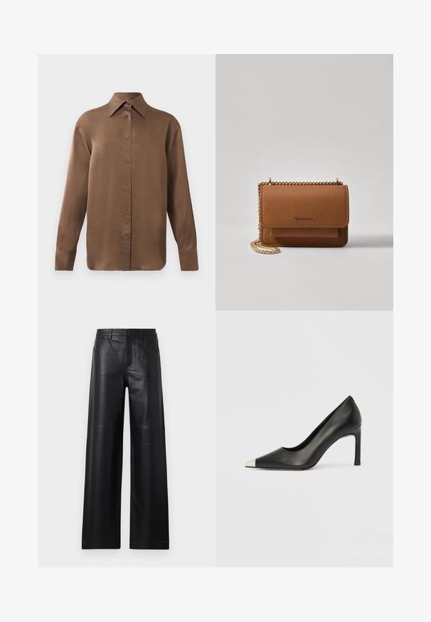 Braunes Langarmhemd mit Knopfverschluss, spitzem Kragen und Manschetten, vor einem schlichten weißen Hintergrund präsentiert.; Weite schwarze Lederhosen mit glatter Textur, ausgestattet mit Fronttaschen, einem Knopfverschluss und dezenten Steppnähten.; Schwarzer Lederschuh mit hohem Absatz, spitz zulaufender Zehenpartie und metallischer silberner Spitze. Verfügt über eine glatte Oberfläche und einen schlanken 10 cm hohen Absatz.; Braune strukturierte Ledertasche mit goldener Kettenriemen und Klappenverschluss. Die Vorderseite zeigt ein Logo-Detail und eine Tasche unter der Klappe.