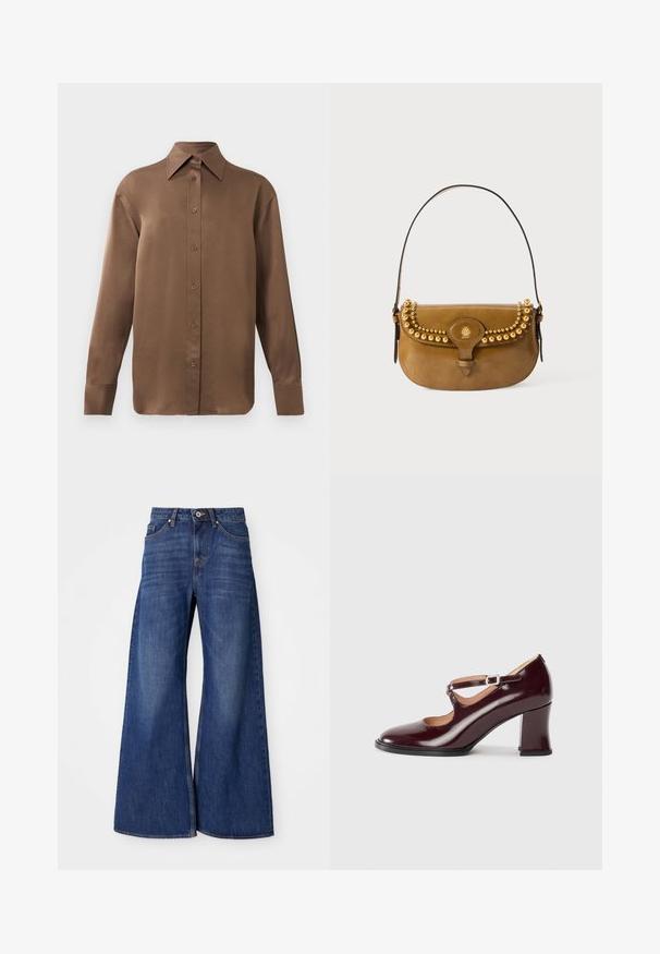 Pruun pikkade varrukatega nööbitav särk terava krae ja mansettidega, esitatud lihtsa valge tausta ees.; Tumedate kohandrekked teksased tumesinises toonides, klassikalise viiega tasku kujundusega, nupuvääratus ja peened kulumismärgid reite piirkonnas.; Burgundia patendiga nahast kontsad ümmarguse ninaga, millel on rihm ja pandla ettepoole, ning tugev plokk-konts.; Pruuni nahast käekott, millel on kõver kuju, kuldsete nupukestega kaunistatud ülaosa, lühike rihm ja klamber.