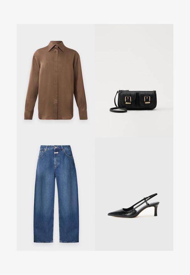 Ruda ilgų rankovių marškiniai su sagomis ir smailiais apykakle bei rankogaliais, išdėstyti prieš paprastą baltą foną.; CLOSED JAZZIE - Platėjantys džinsai - mid blue denim; Juodai lakuoti slingback aukštakulniai su smailiu nosiu, su tekstūruotu gyvatės raštu, reguliuojama juosta ir trumpu, tekstūruotu blokiniu kulnu.; Juodas odinis per petį nešiojamas krepšys su dviem priekiniais kišenėmis, auksiniais sagtimis, užtrauktuko uždarymu ir siauromis petnešomis. Textūruota paviršius ir kompaktiškas stačiakampis formatas.