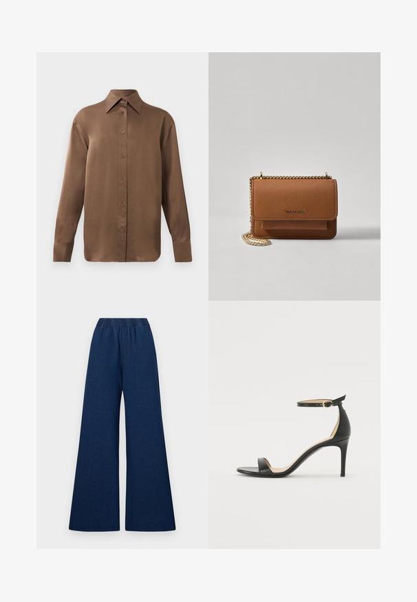 Pruun pikkade varrukatega nööbitav särk terava krae ja mansettidega, esitatud lihtsa valge tausta ees.; Tumed sinised laiad teksad elastse vöökohtaga, millel on sile tekstuur ja lihtne disain.; Must musta kõrgete kontsadega sandaal, millel on pahkluule kinnituv rihm. Omab sileda tekstuuri, avatud varbaosa ning õhukest kontsa. Kuldtooniline pandla detail.; Pruun tekstureeritud nahk ristkeha kott kuldse ahelaga rihmaga ja klapiga sulgemine. Esiküljel on logo detail ja tasku klapi all.