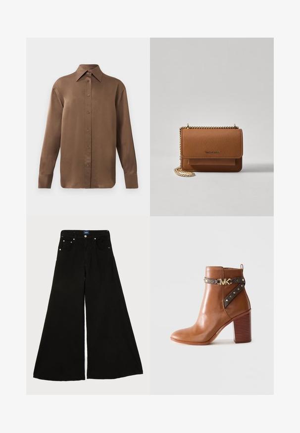 Smeđa košulja s dugim rukavima, s gumbima i šiljastim ovratnikom i manžetama, prikazana na jednostavnoj bijeloj pozadini.; Crne široke traperice, izrađene od denima, s visokim strukom, dizajnom s pet džepova i srebrnim detaljima sprijeda.; Smeđe kožne čizme do gležnja s blok petom, bočnom trakom koja ima zlatne studove i zlatnu kopču s "MK" logom.; Smeđa kožna torba preko tijela s teksturom, zlatnim lančićem i preklopom na zatvaranju. Na prednjoj strani nalazi se detalj s potpisom i džep ispod preklopa.