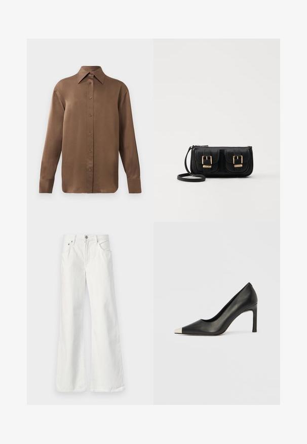 Brūns garās piedurknes pogājamais krekls ar norādītu apkakli un aprocēm, izlikts pret vienkāršu baltu fonu.; Baltie džinsi ar platām kājām, augstās jostas vietas, piecu kabatu dizainu un redzamām šuvēm. Iekļautas metāla pogas un rāvējslēdzēja aizdare.; Melns ādas augstpapēžu kurpes ar smailu purngalu un metāliski sudraba uzgali. Ir gluda apdare un slaids 10 cm augsts papēdis.; Melnas ādas crossbody soma ar divām priekšējām kabatām, zelta sprādzēm, ar rāvējslēdzēju aizdari un šauru siksnu. Strukturēta virsma un kompakta taisnstūra forma.