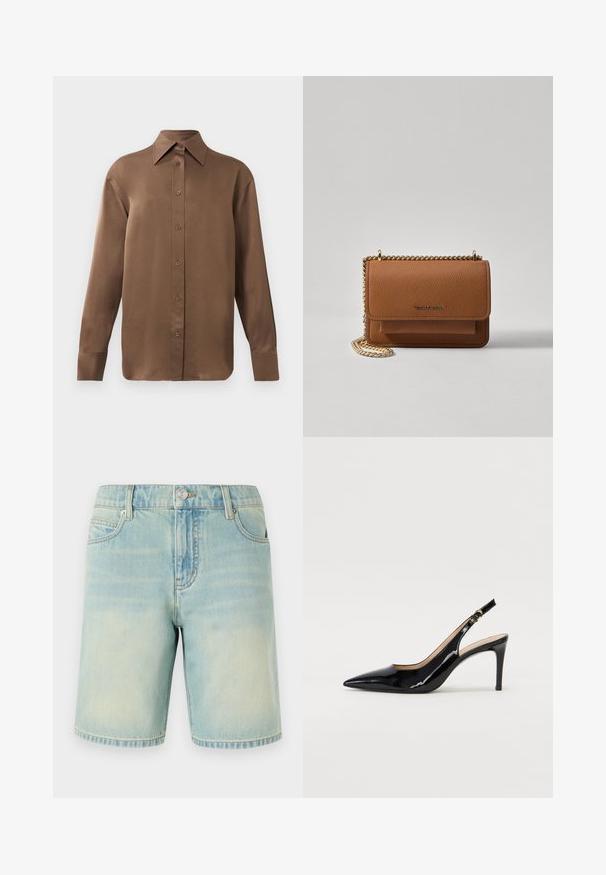 Barna, hosszúujjú, gombos ing, hegyes gallérral és mandzsettákkal, egyszerű fehér háttér előtt kiemelve.; Világoskék farmer rövidnadrág, kopott hatással, öt zsebbel, látható varrással és fémből készült gombos zárral a derékrészen.; Fekete lakk bőr kötött magassarkú cipő, hegyes orral és karcsú sarokkal, finom kivágásos dizájnnal. Az övön arany csatt található.; Barna textúrájú bőr keresztbody táska arany lánc pánttal és fedélzárral. Az elején logó részlet és egy zseb található a fedél alatt.