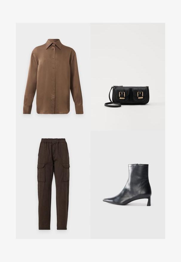 Brown long-sleeve button-up shirt with pointed collar and cuffs, displayed against a plain white background.; Brown cargo pants with an elastic waistband, two large front pockets, and a tapered leg design. Made of lightweight fabric with a matte texture.; Black leather ankle boot with a pointed toe and a sleek design. Features a low heel and a zipper closure at the back. Smooth texture.; Black leather crossbody bag with two front pockets, gold buckles, zipper closure, and a slim strap. Textured surface and compact rectangular shape.