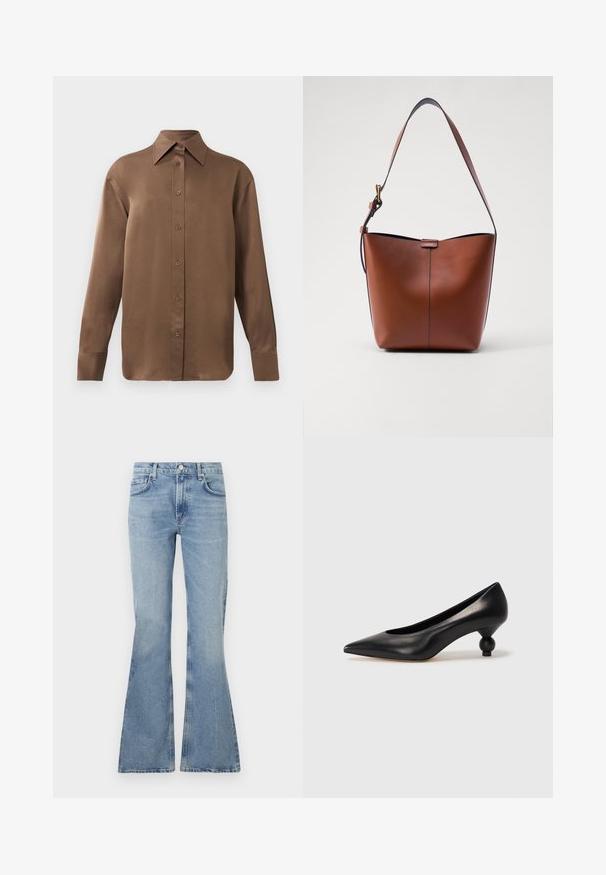 Brązowa, długosleeve koszula z guzikami, z ostrym kołnierzykiem i mankietami, prezentowana na jednolitym białym tle.; Jasnoniebieskie dżinsy w kształcie dzwonu, wykonane z denimu, z wysokim stanem, pięcioma kieszeniami i delikatnym wyblaknięciem na całej powierzchni materiału.; Czarna skórzana szpilka z ostrym czubkiem i okrągłym, kulistym obcasem. Gładka tekstura z eleganckim, minimalistycznym wzornictwem.; Brązowa skórzana torba na ramię o zakrzywionym kształcie, gładkiej fakturze i pojedynczym cienkim pasku. Posiada subtelną szew i mały detal z logo.