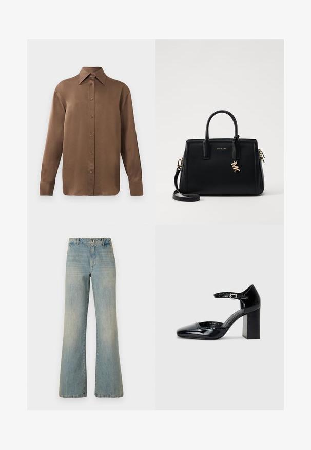 Ruda ilgų rankovių marškiniai su sagomis ir smailiais apykakle bei rankogaliais, išdėstyti prieš paprastą baltą foną.; Šviesiai mėlynos džinsinės plačių kojų kelnės su aukštu liemeniu, sagčių uždarymu ir nudžiuvusiu tekstūru. Yra klasikinis penkių kišenių dizainas ir tiesūs šlaunys.; Juodos lakuotos aukštakulnės bateliai su kvadratine nosimi, kulkšnies dirželiu ir masyviu kulnu. Apima perforuotus detalizavimus aplink kraštą.; Juodas odinis rankinė su struktūrizuotu dizainu, dviem viršutinėmis rankenėlėmis, nuimamu petiniu dirželiu, auksiniais akcentais ir logotipo pakabuku.