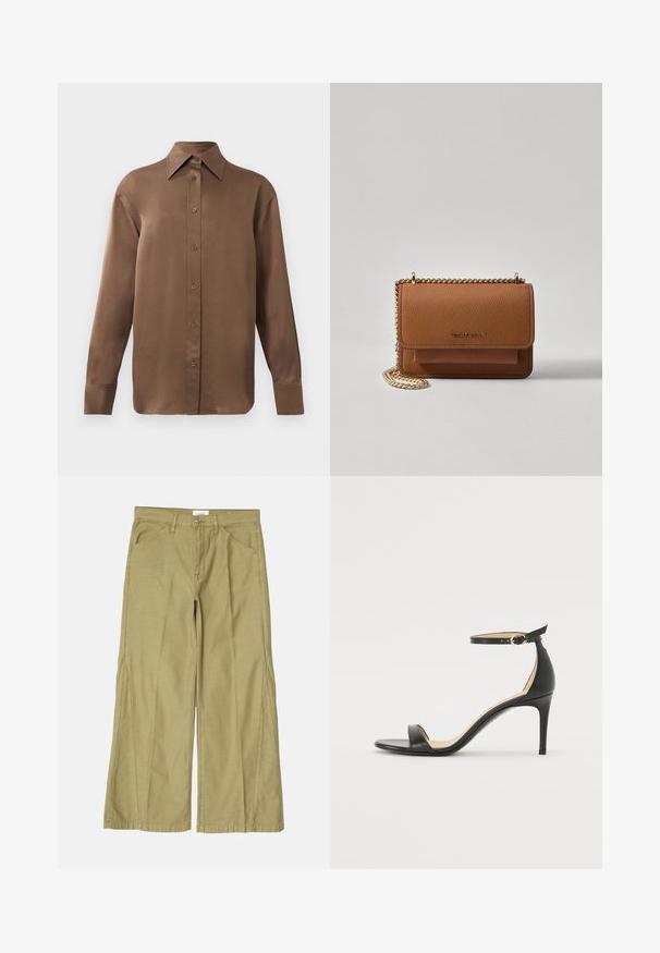 Rjav dolg rokav s srajco s gumbi in koničastimi ovratniki in manšetami, prikazana na enostavni beli podlagi.; Široke hlače iz lahkega olivno zelene bombaža, opremljene z zadrgo, sprednjimi žepi in šivanjem ob šivih.; Črne usnjene sandale s peto, ki imajo priponko za gleženj. Imajo gladko teksturo, odprt prst in tanek peto. Podrobnost z zlatim sponko.; Rjava teksturirana usnjena torba čez ramo z zlatim verižnim trakom in zapiranjem na pokrov. Spredaj je vidna podrobnost logotipa in žep pod pokrovom.