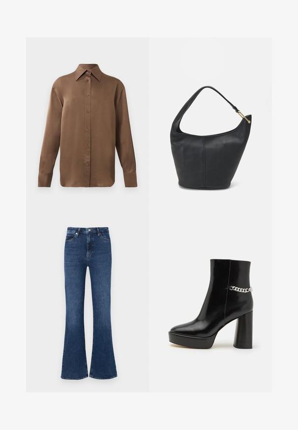 Bruine overhemd met lange mouwen en knopen, voorzien van een spitse kraag en manchetten, op een eenvoudige witte achtergrond weergegeven.; Donkerblauwe flared jeans van denim, met een hoge taille, standaard vijf-pocket ontwerp en subtiele stiksels.; Zwarte gepoetste leren enkelboot met een chunky plateau en hoge blokhak. Kenmerkt zich door een zilveren kettingaccent aan de zijkant. Glad textuur.; Zwarte leren handtas met een ronde vorm, een brede schouderriem en een gestructureerde afwerking. Bevat subtiele naaddetails en een gouden hardwareaccent.