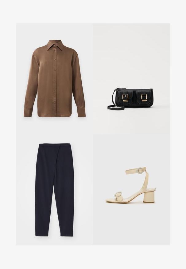 Καφέ μακρυμάνικο πουκάμισο με κουμπιά και μυτερό γιακά και μανσέτες, τοποθετημένο σε λευκό φόντο.; Σκούρο ναυτικό παντελόνι με λεία υφή, κομμένα πόδια και σχέδιο με πιέτα μπροστά. Φτιαγμένο από ένα ελαστικό, μαλακό ύφασμα κατάλληλο για casual εμφάνιση.; Μπεζ ψηλοτάκουνα σανδάλια με μινιμαλιστικό σχέδιο, χαρακτηριστικά δύο κυκλικών λεπτομερειών και χοντρού τακουνιού. Κατασκευασμένα από λείο δέρμα.; Μαύρη δερμάτινη τσάντα ώμου με δύο μπροστινές τσέπες, χρυσά κούμπωματα, κλείσιμο με φερμουάρ και λεπτό λουρί. Υφή επιφάνειας και κομψό ορθογώνιο σχήμα.