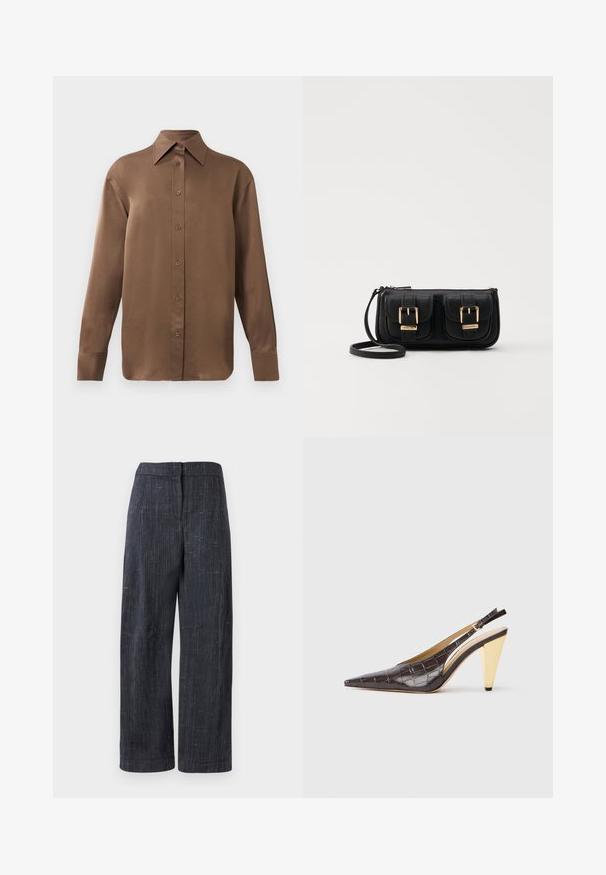 Rjav dolg rokav s srajco s gumbi in koničastimi ovratniki in manšetami, prikazana na enostavni beli podlagi.; Temno sivi hlače širokega kroja z rahlo teksturiranim tkanjem, visoki pas in skrit sprednji zapenjalni del.; Slingback peto s koničastim nosom, v temno rjavi sijoči umetni krokodilji usnjeni različici. Ima zlate geometrijske pete in nastavljiv ankel trak.; Črna usnjena torbica čez ramo z dvema sprednjima žepoma, zlatimi zaponkami, zadrgo in ozkim pasom. Tekstura površine je strukturirana, obliko pa ima kompaktno pravokotno.