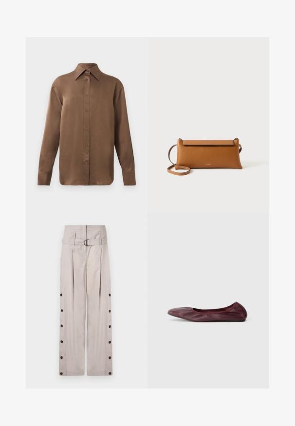 Brown long-sleeve button-up shirt with pointed collar and cuffs, displayed against a plain white background.; Beige wide-leg trousers made of soft fabric, featuring a belted high waist, side buttons, and a clean, tailored look.; Ballet flat in deep burgundy leather, featuring a rounded toe, elasticized rim, and smooth texture with subtle pleating detail.; Brown leather clutch bag, rectangular shape, textured surface, detachable strap, zip closure, subtle logo embossed on front.