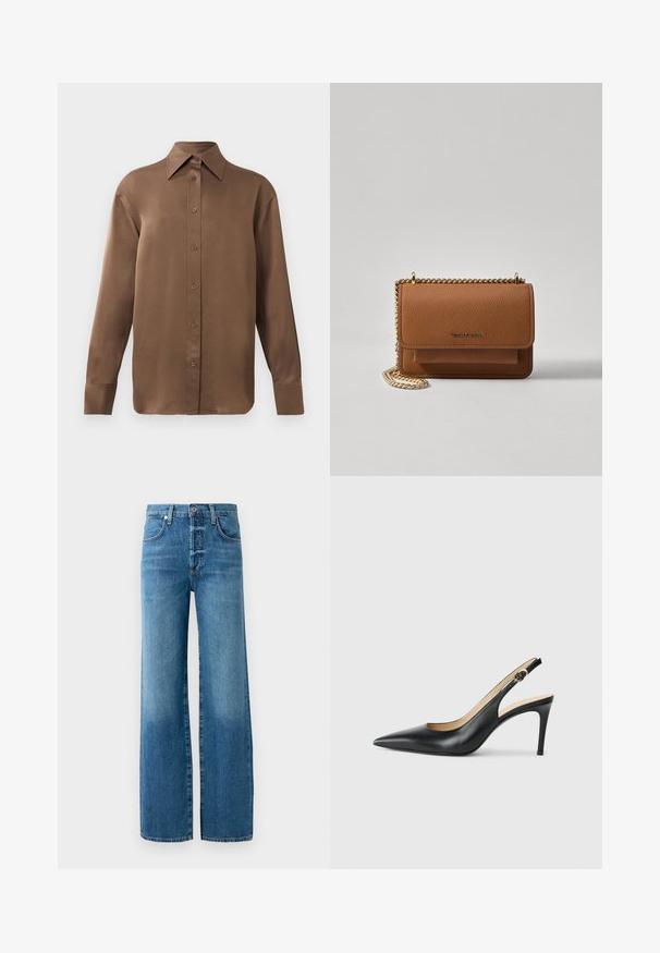 Camisa branca de mangas longas com botões e colarinho pontudo, exibida contra um fundo branco liso.; Jeans de pernas largas feitos de denim azul claro. Apresenta um fecho com botão, passantes para cinto e costura em contraste. O tecido tem um efeito de lavagem desbotada.; Saltos altos slingback em couro preto, com bico fino, tira ajustável e um elegante salto stiletto, apresentando um acabamento suave.; Bolsa crossbody de couro texturizado castanho com alça de corrente dourada e fecho com aba. A parte da frente apresenta detalhe do logótipo e um bolso sob a aba.