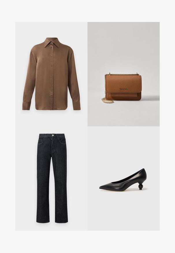 Pruun pikkade varrukatega nööbitav särk terava krae ja mansettidega, esitatud lihtsa valge tausta ees.; Mustar denimpüksid otse lõikega, viie taskuga, ees nupuga kinnitamine ja kontrastõmblused õmbluste ääres.; Must musta kõrge kontsaga king, millel on terav nina ja ümar, pallikujuline konts. Sile pind ja elegantne, minimalistlik disain.; Pruun tekstureeritud nahk ristkeha kott kuldse ahelaga rihmaga ja klapiga sulgemine. Esiküljel on logo detail ja tasku klapi all.