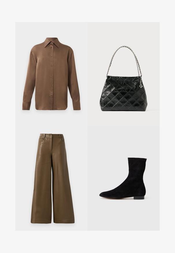 Brun långärmad skjorta med knäppning, spettdetalj på kragen och manschetterna, uppvisad mot en vit bakgrund.; Vida breda byxor i mjuk, brun faux läder. Har hög midja, fyra fickor och dragkedja fram. Slät textur och minimalistisk design.; Svart mocka ankelboots med en åtsittande skaft, spetsig tå och låg blockklack. Slät yta och minimalistisk design, lämplig för mångsidig styling.; Svart quiltad läderhandväska med ett handtag i silverkedja, med en strukturerad design och slät yta.
