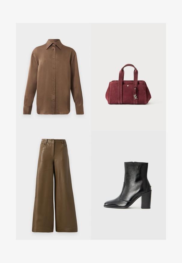 Pruun pikkade varrukatega nööbitav särk terava krae ja mansettidega, esitatud lihtsa valge tausta ees.; Laiad püksid, mis on valmistatud siledast pruunist kunstnahast. Omab kõrgendatud vööd, nelja taskut ja eesmist tõmblukk. Lame tekstuur ja minimalistlik disain.; Must kõvale nahast pahklipsu saapad, millel on sile tekstuur, terav varvas ja paks kõrge kann. Omab külgavatust ja minimalistlikku disaini.; Burgundia seemis käekott kahe ülemise käepidemega, lukuga sulgemine, esi-tasku ja metallist kaunistus. Ristkülikukujuline kuju pehme tekstuuriga.