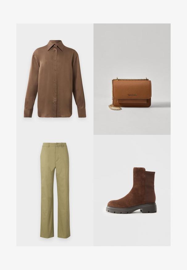 Chemise marron à manches longues avec un col et des poignets pointus, présentée sur un fond blanc uni.; Pantalons khaki en mélange de coton, avec une coupe droite, des coutures visibles et des poches sur les côtés avant.; Bottines en suede marron avec des panneaux élastiques sur les côtés, bout arrondi, et une semelle en caoutchouc épaisse présentant un motif de bande de roulement texturé.; Sac en cuir texturé marron en bandoulière avec une sangle en chaîne dorée et une fermeture à rabat. L'avant présente un détail de logo et une poche sous le rabat.