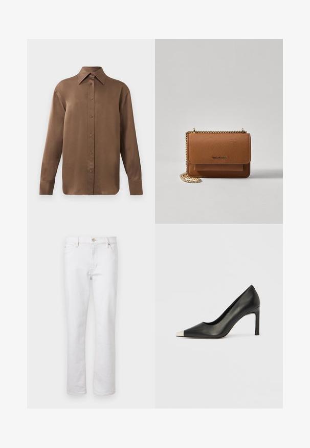 Chemise marron à manches longues avec un col et des poignets pointus, présentée sur un fond blanc uni.; Jeans en denim blanc avec une coupe droite, design à cinq poches, couture légère et fermeture à bouton en métal argenté. Texture lisse et détails minimaux.; Chaussure à talon haut en cuir noir avec bout pointu et capuchon argenté métallique. Présente une finition lisse et un talon fin de 10 cm.; Sac en cuir texturé marron en bandoulière avec une sangle en chaîne dorée et une fermeture à rabat. L'avant présente un détail de logo et une poche sous le rabat.