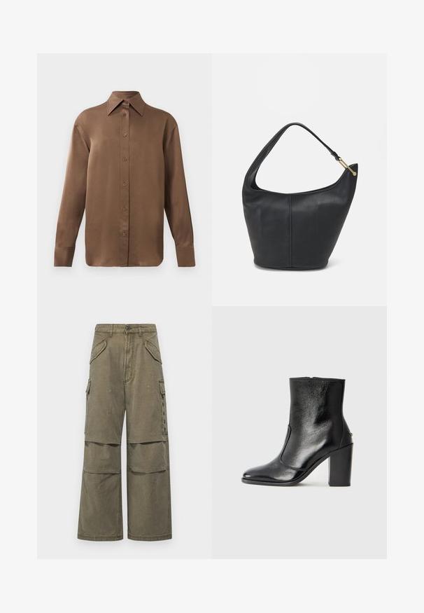 Camisa branca de mangas longas com botões e colarinho pontudo, exibida contra um fundo branco liso.; Calças cargo caqui em algodão, com um estilo de perna larga, vários bolsos e detalhes costurados. Adequadas para uso casual.; Bota ankle preta em pele com uma textura suave, bico fino e um salto alto robusto. Apresenta uma abertura lateral e um design minimalista.; Bolsa de mão em pele preta com uma forma arredondada, uma alça larga e um acabamento texturizado. Apresenta um discreto detalhe de costura e um acabamento em metal dourado.