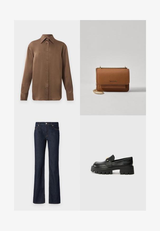 Brun langærmet skjorte med knapper, spids krave og manchetter, vist mod en simpel hvid baggrund.; Mørkeblå denim jeans med en flare-form, fem-lomme design og kontrasterende orange syninger langs sømmene og lommerne.; Sorte læder loafers med en kraftig sål, prydet med en guldfarvet detalje på fronten og en glat finish. Kraftigt mønster designet på sålen.; Brun tekstureret læder crossover-taske med guldkæde-rem og klaplukning. Forsiden har logo-detalje og en lomme under klappen.